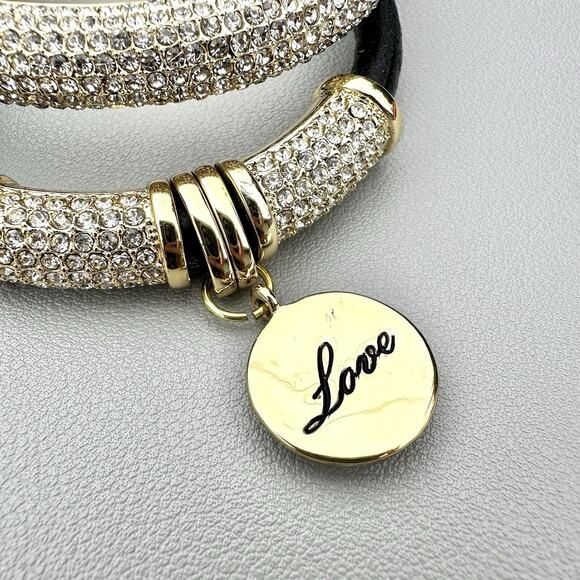 Joan Boyce Set 2 Black Leather Gold Pave Rhinestone Love Barrel-Rolled Bracelets - Picture 2 of 7